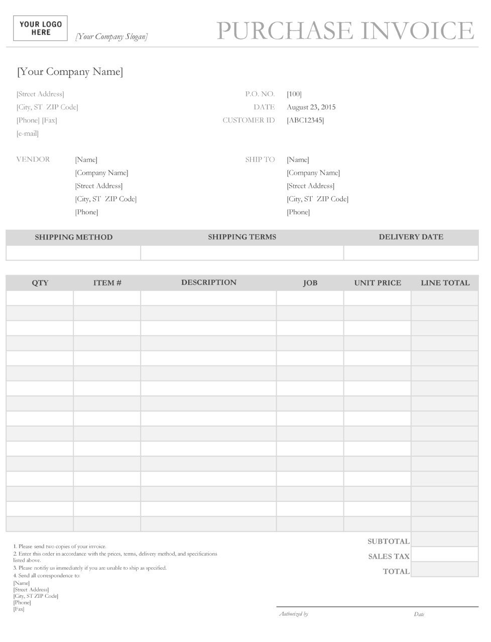 Product Purchase Invoice Template 