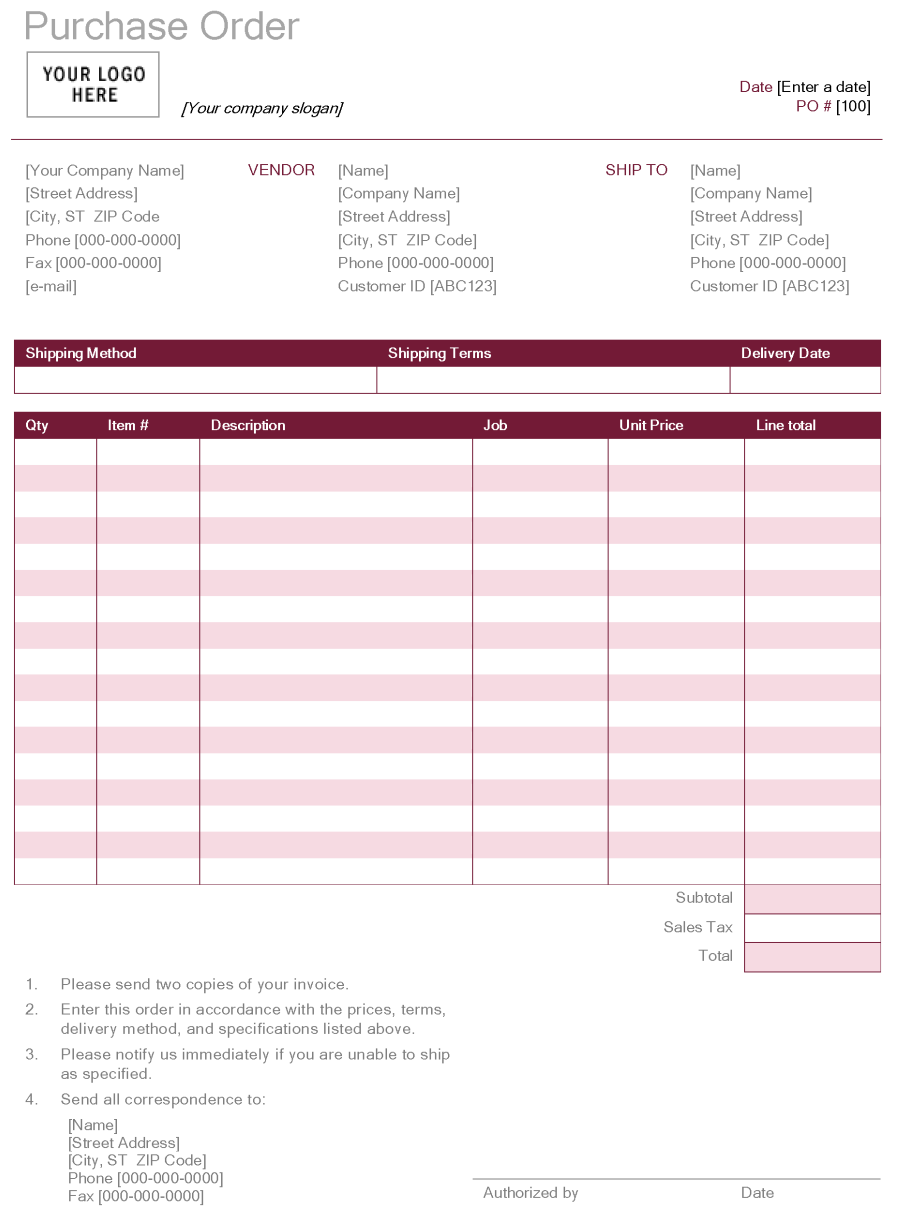 Sample Stock Purchase Order Template