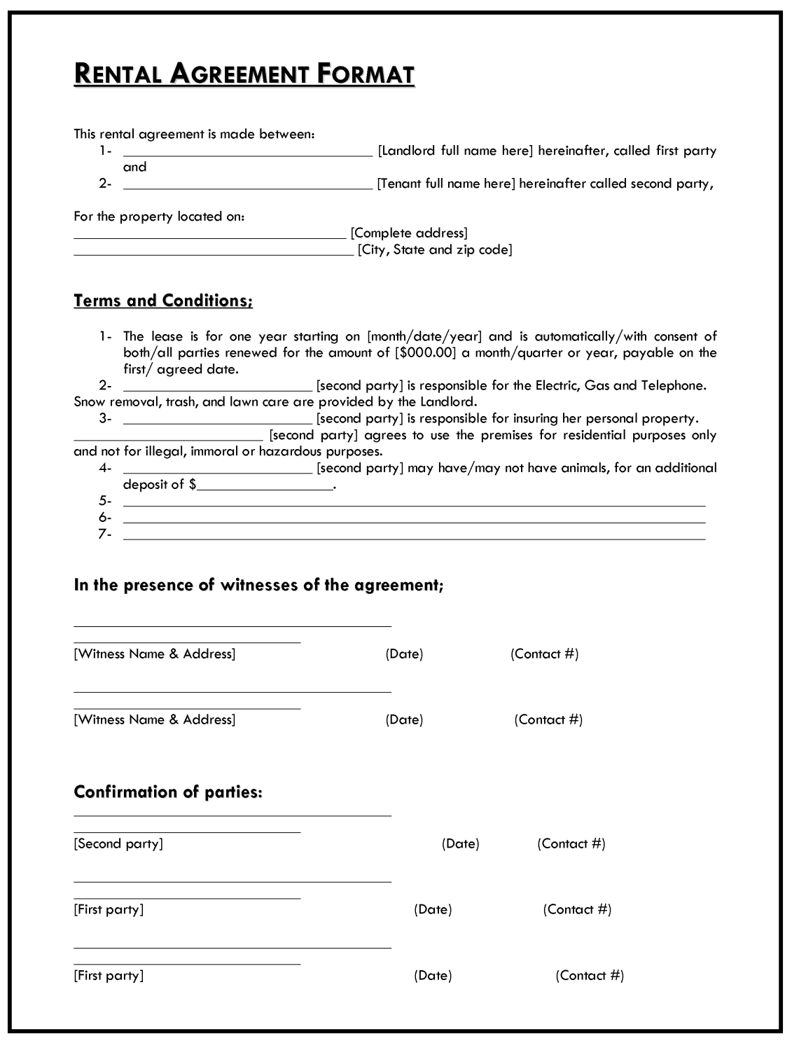 Sample Rental Agreement Format Template