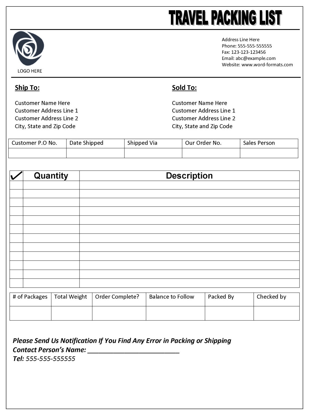 Travel Packing List Template 