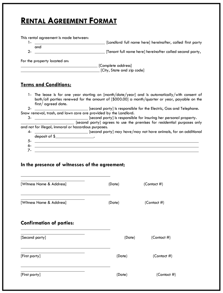 Rental Agreement Format Template